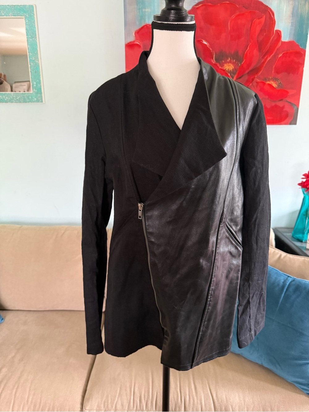 Fabian Schmidt Asymmetrical Leather ? Linen ? Jacket Black Size XS Graphic Back